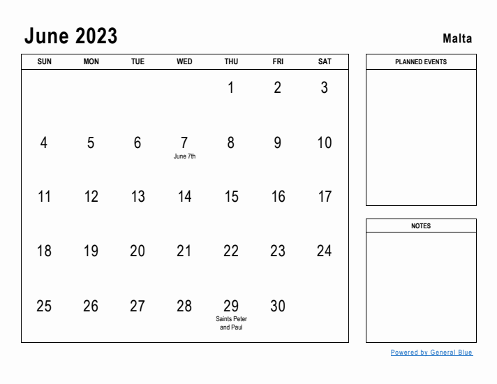 June 2023 Printable Monthly Calendar with Malta Holidays