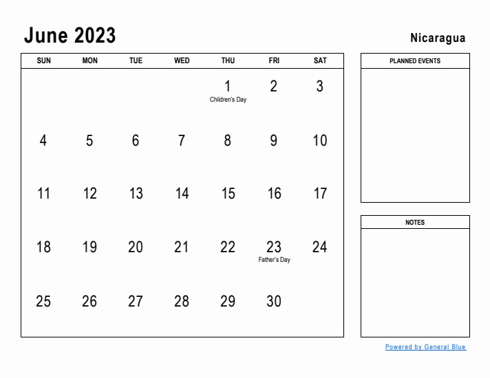 June 2023 Printable Monthly Calendar with Nicaragua Holidays