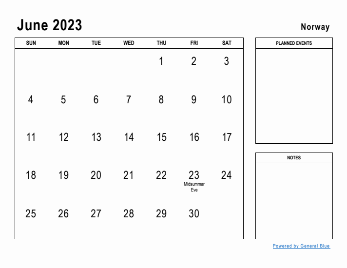 June 2023 Printable Monthly Calendar with Norway Holidays