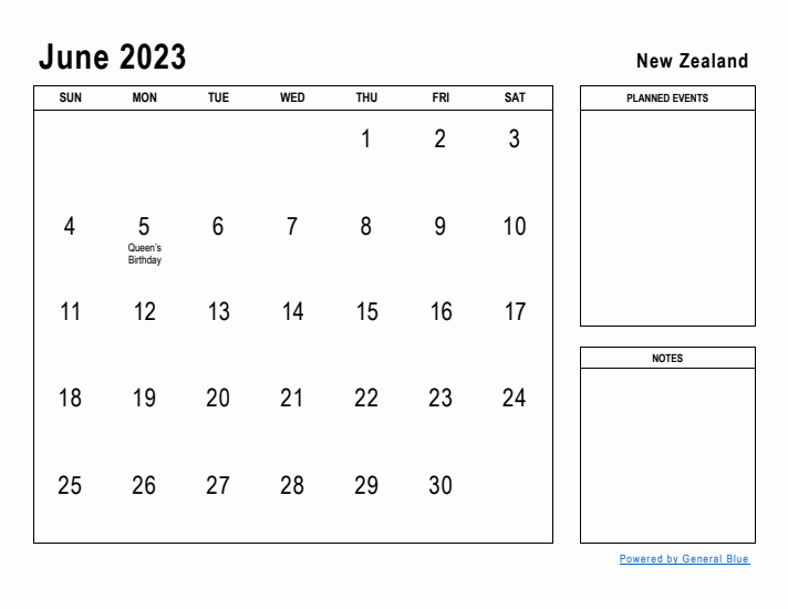 June 2023 Printable Monthly Calendar with New Zealand Holidays