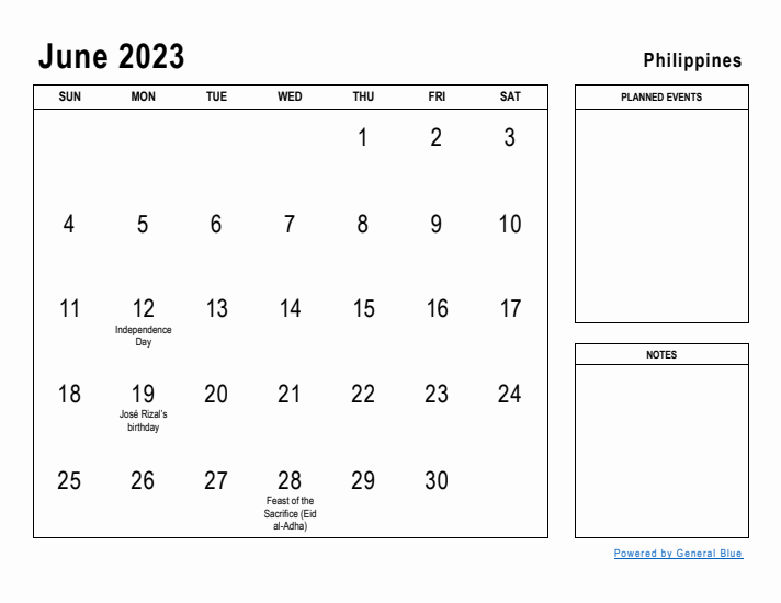 June 2023 Printable Monthly Calendar with Philippines Holidays