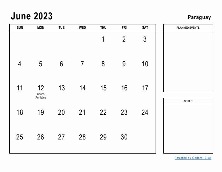 June 2023 Printable Monthly Calendar with Paraguay Holidays