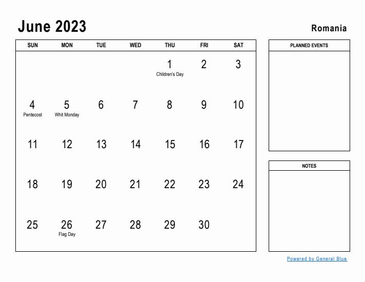 June 2023 Printable Monthly Calendar with Romania Holidays