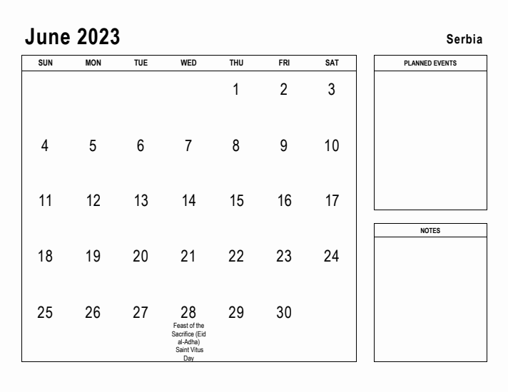 June 2023 Printable Monthly Calendar with Serbia Holidays