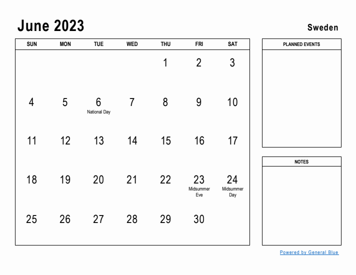 June 2023 Printable Monthly Calendar with Sweden Holidays