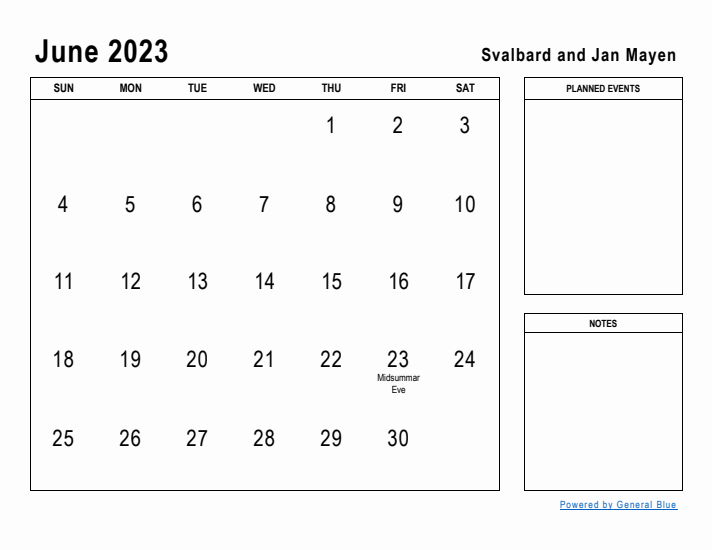 June 2023 Printable Monthly Calendar with Svalbard and Jan Mayen Holidays