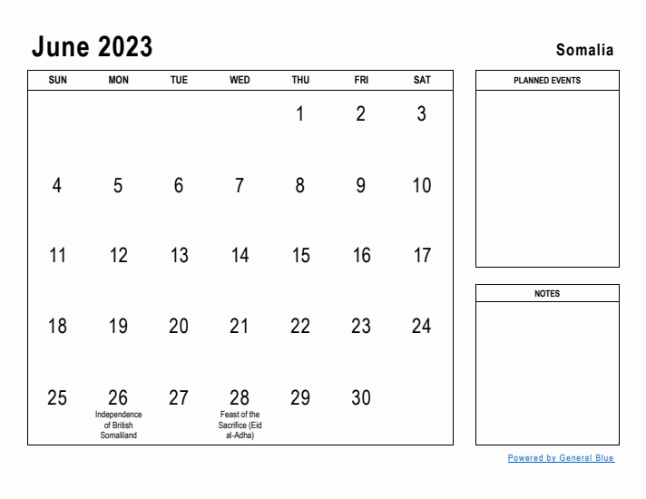 June 2023 Printable Monthly Calendar with Somalia Holidays