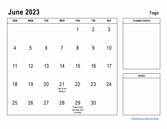 June 2023 Printable Monthly Calendar with Togo Holidays