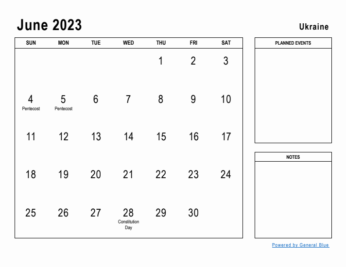 June 2023 Printable Monthly Calendar with Ukraine Holidays