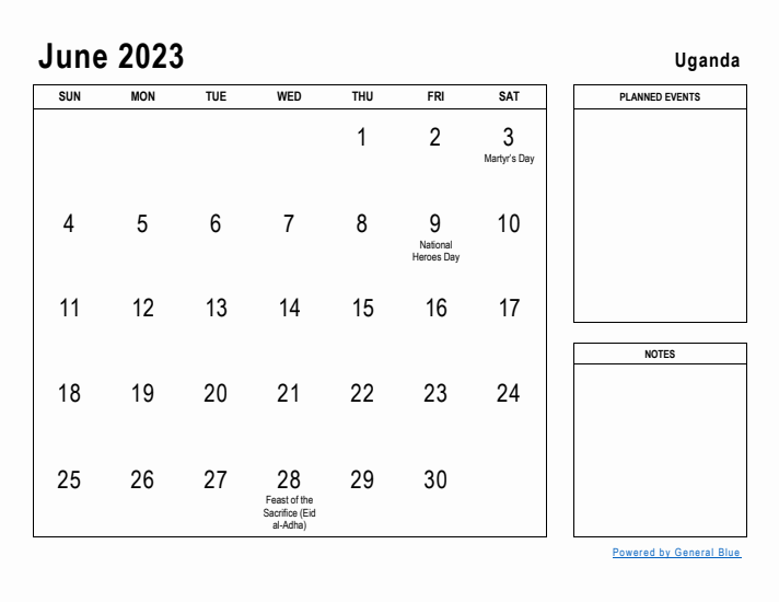 June 2023 Printable Monthly Calendar with Uganda Holidays