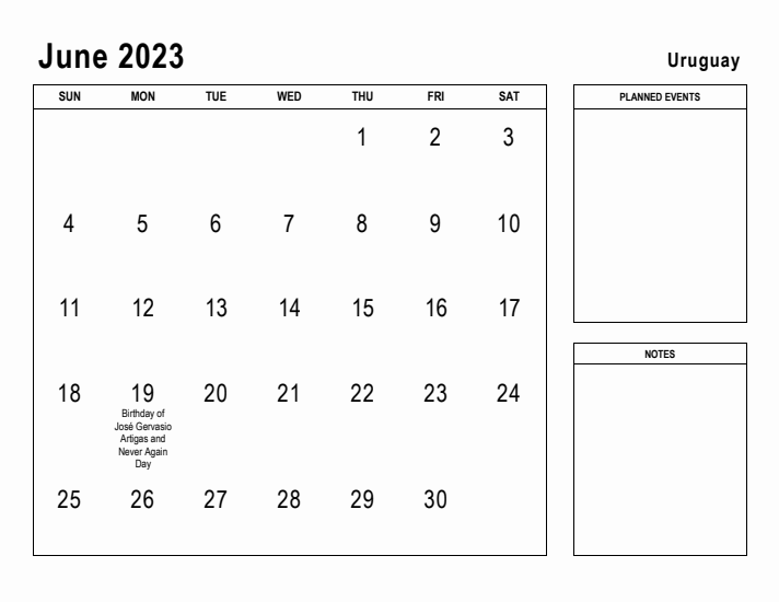 June 2023 Printable Monthly Calendar with Uruguay Holidays