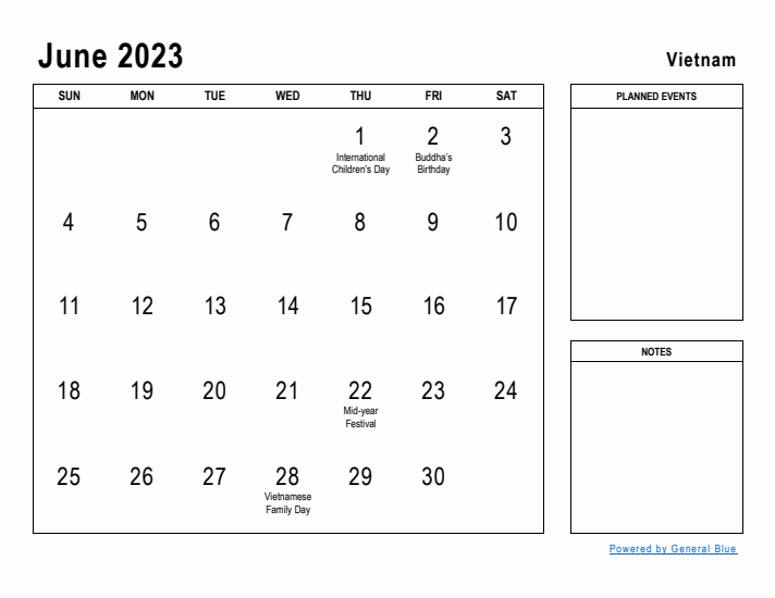 June 2023 Printable Monthly Calendar with Vietnam Holidays