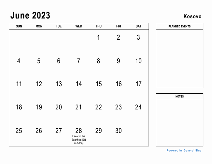 June 2023 Printable Monthly Calendar with Kosovo Holidays