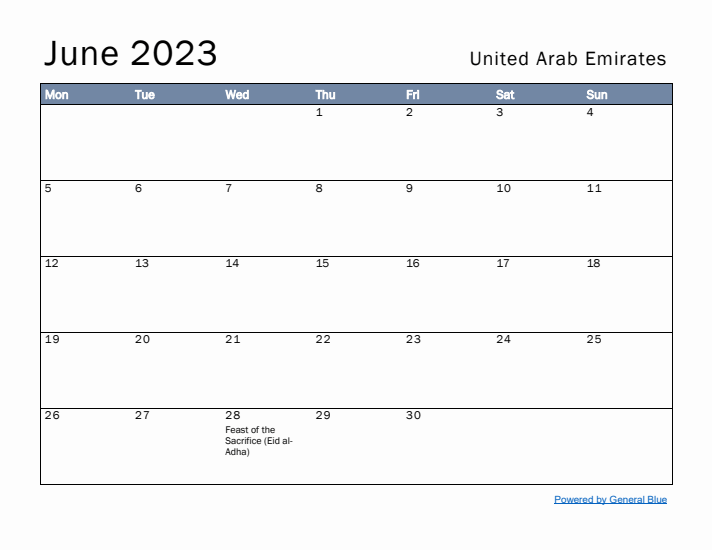 June 2023 Simple Monthly Calendar for United Arab Emirates