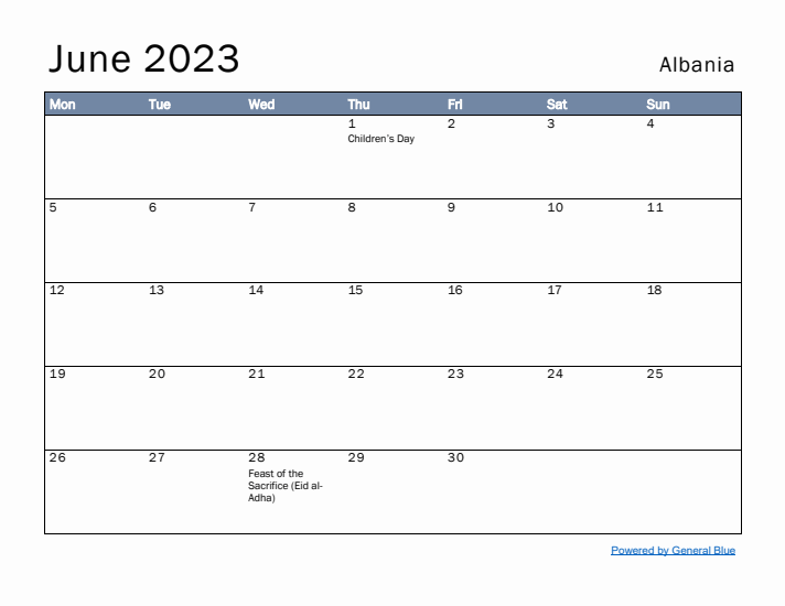 June 2023 Simple Monthly Calendar for Albania