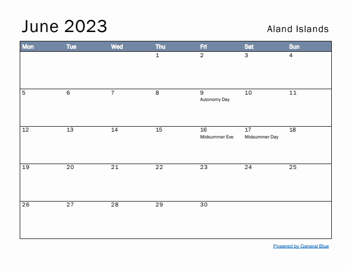 June 2023 Simple Monthly Calendar for Aland Islands