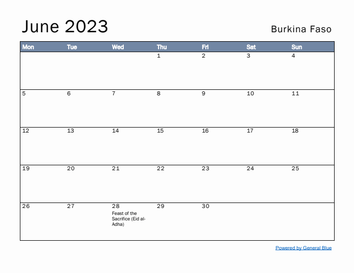 June 2023 Simple Monthly Calendar for Burkina Faso