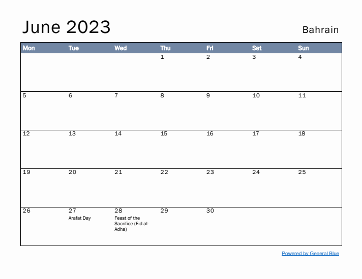 June 2023 Simple Monthly Calendar for Bahrain