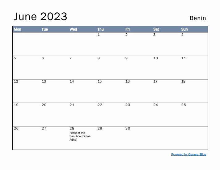 June 2023 Simple Monthly Calendar for Benin