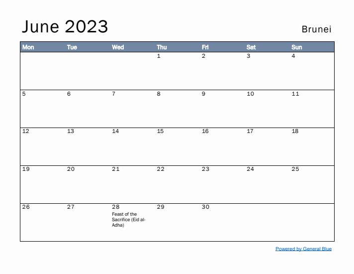 June 2023 Simple Monthly Calendar for Brunei