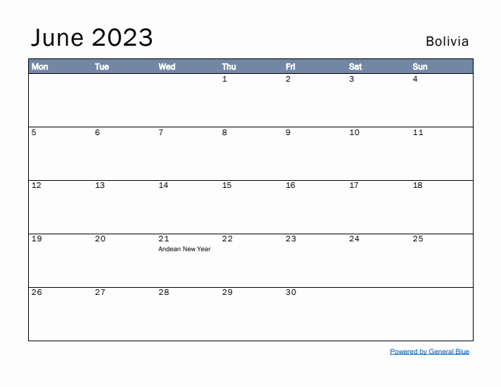 June 2023 Simple Monthly Calendar for Bolivia