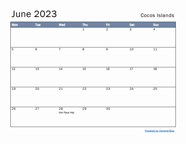 June 2023 Simple Monthly Calendar for Cocos Islands