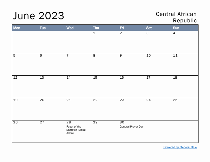 June 2023 Simple Monthly Calendar for Central African Republic