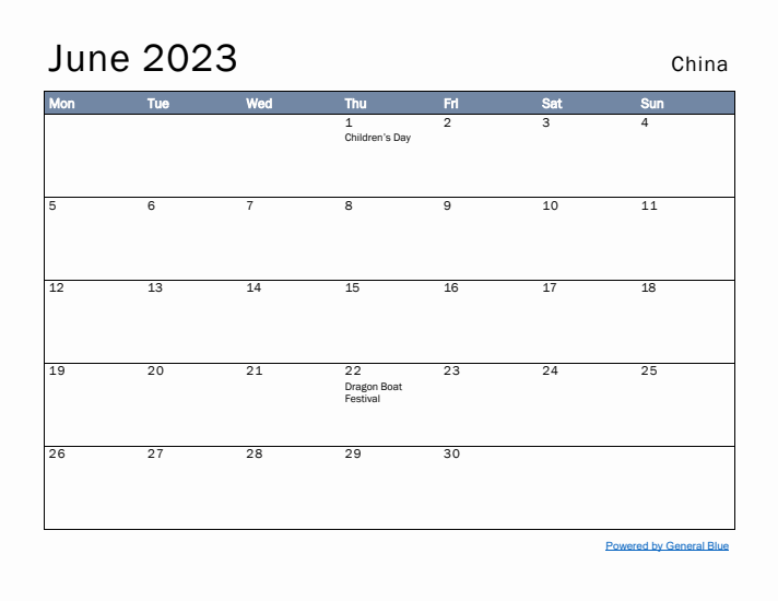 June 2023 Simple Monthly Calendar for China