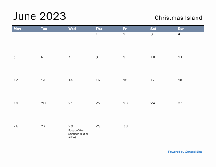 June 2023 Simple Monthly Calendar for Christmas Island