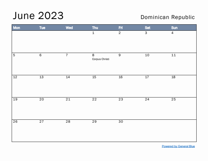 June 2023 Simple Monthly Calendar for Dominican Republic