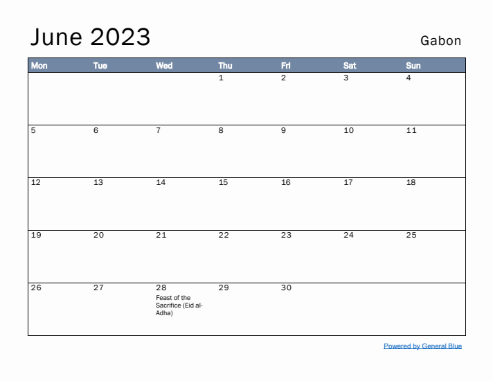 June 2023 Simple Monthly Calendar for Gabon