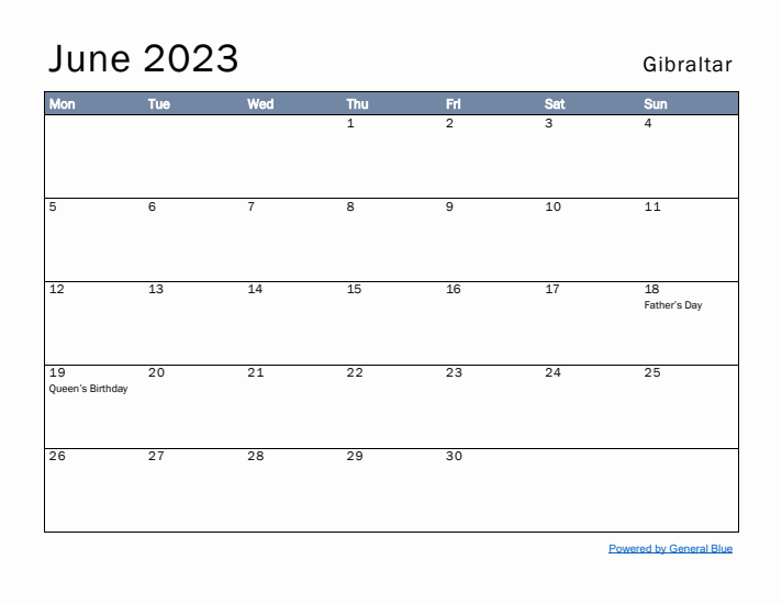 June 2023 Simple Monthly Calendar for Gibraltar