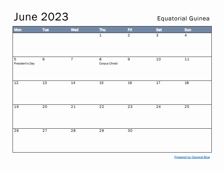 June 2023 Simple Monthly Calendar for Equatorial Guinea