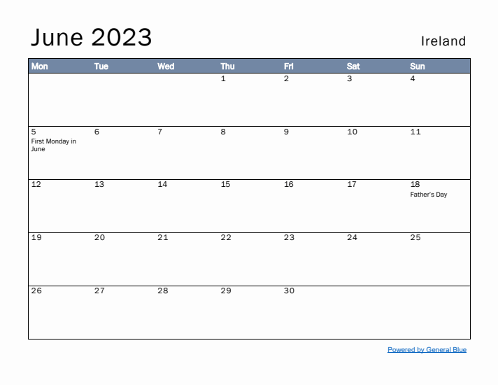 June 2023 Simple Monthly Calendar for Ireland