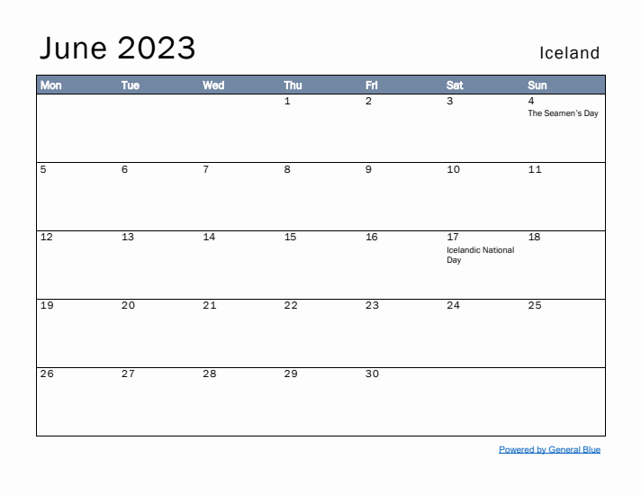 June 2023 Simple Monthly Calendar for Iceland