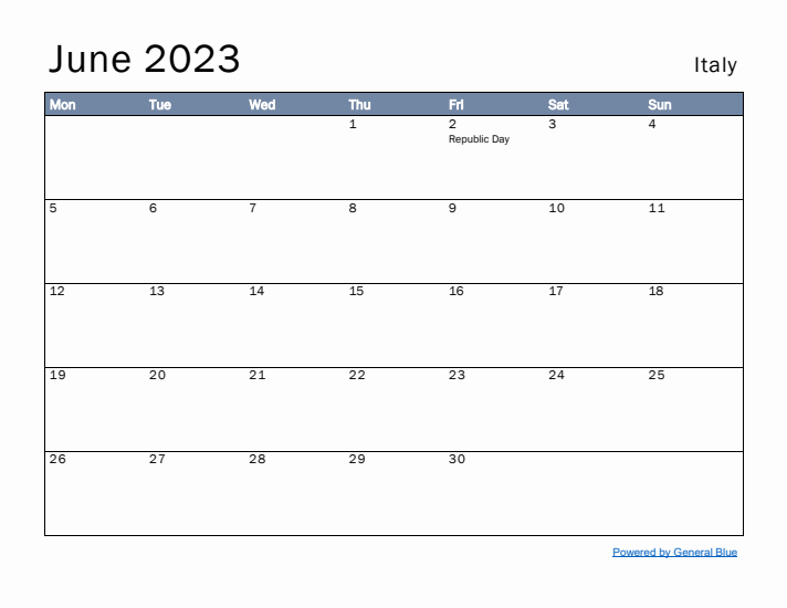 June 2023 Simple Monthly Calendar for Italy