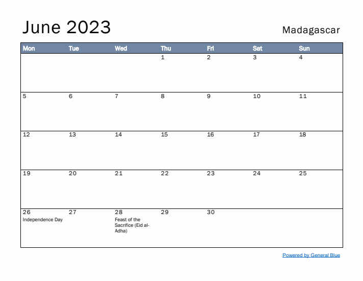 June 2023 Simple Monthly Calendar for Madagascar