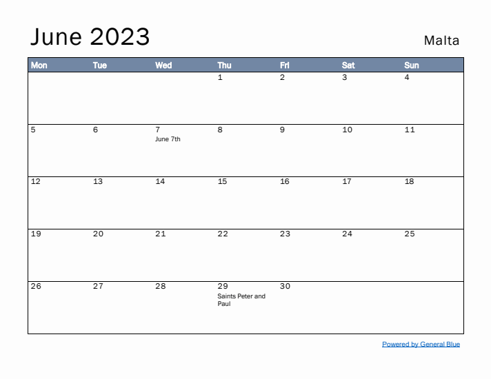 June 2023 Simple Monthly Calendar for Malta