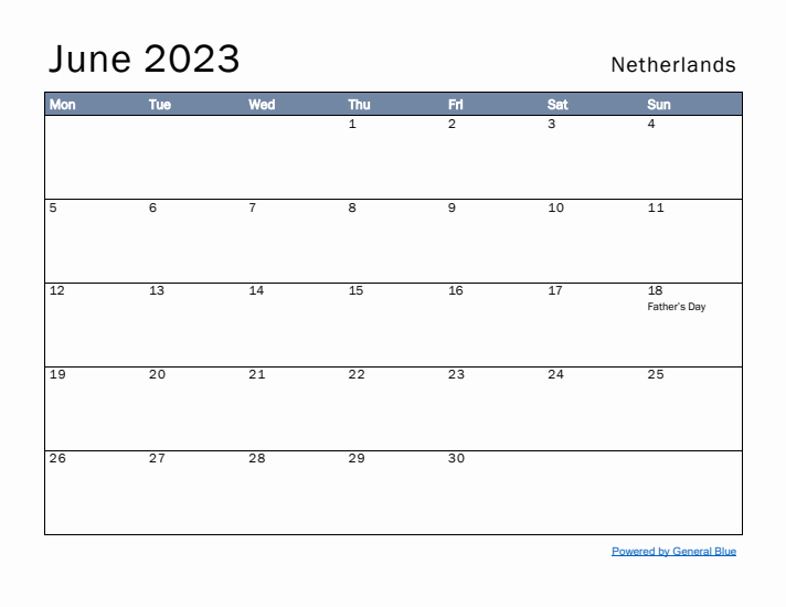 June 2023 Simple Monthly Calendar for The Netherlands