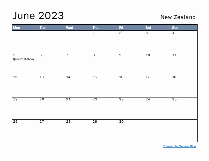 June 2023 Simple Monthly Calendar for New Zealand