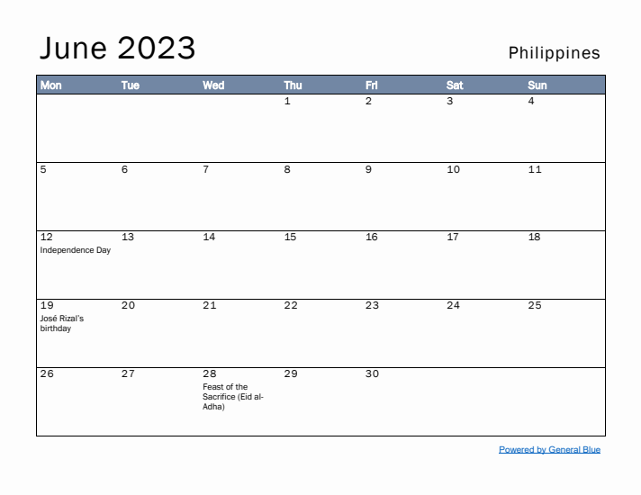 June 2023 Simple Monthly Calendar for Philippines