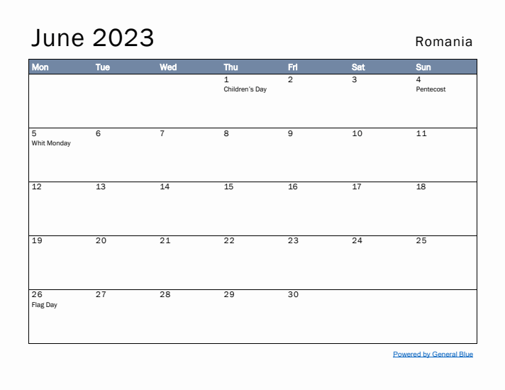 June 2023 Simple Monthly Calendar for Romania