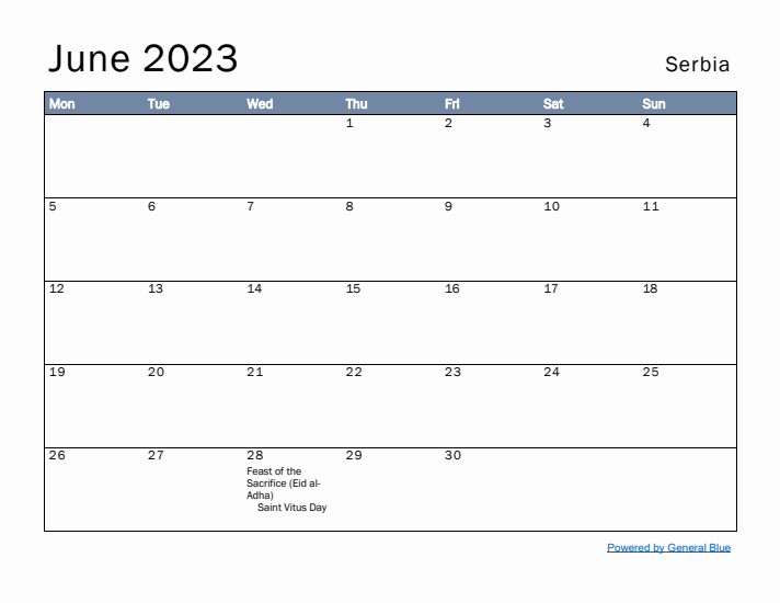 June 2023 Simple Monthly Calendar for Serbia