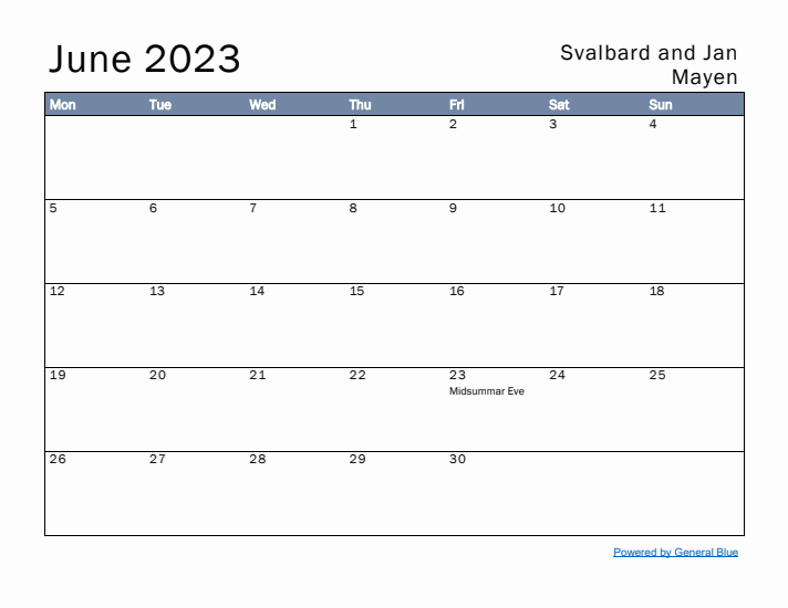 June 2023 Simple Monthly Calendar for Svalbard and Jan Mayen