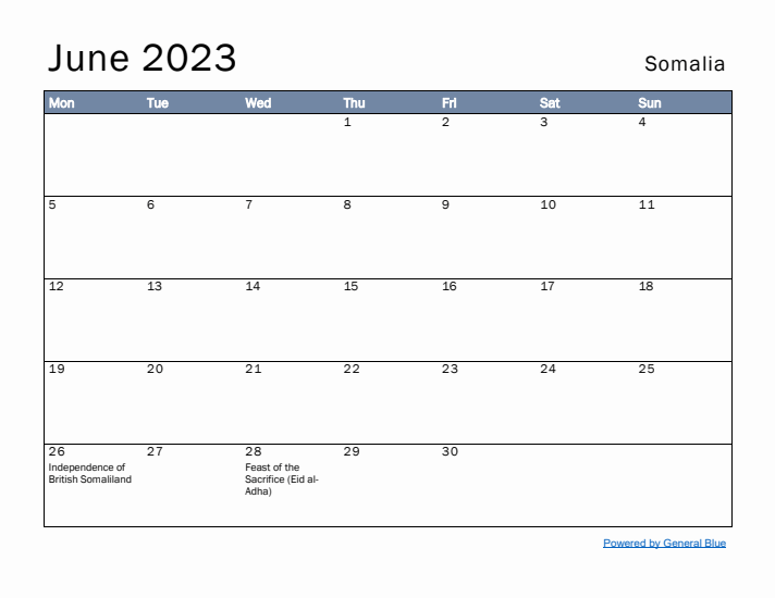 June 2023 Simple Monthly Calendar for Somalia