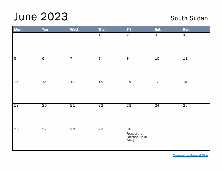 June 2023 Simple Monthly Calendar for South Sudan