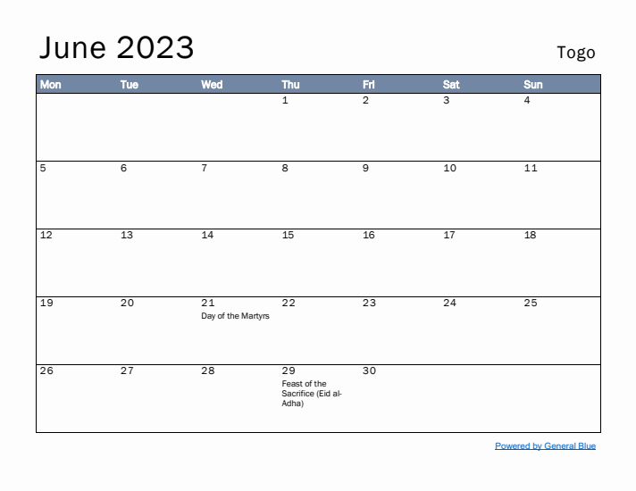 June 2023 Simple Monthly Calendar for Togo