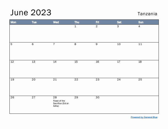 June 2023 Simple Monthly Calendar for Tanzania