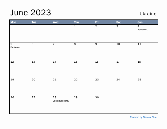 June 2023 Simple Monthly Calendar for Ukraine