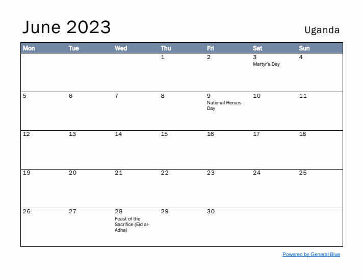 June 2023 Simple Monthly Calendar for Uganda